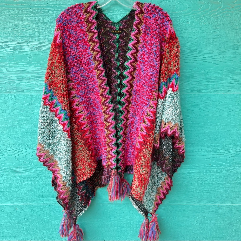 New Mixed Media Boho Chunky Yarn Knit Tasseled Poncho Cardigan Multi Color NWOT